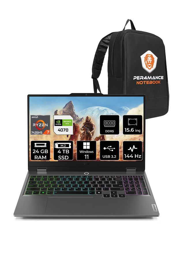 LENOVO LOQ R7 7435HS 24GB 4TB SSD RTX4070/8GB 115W 144Hz FHD 15.6" W11P Gaming Laptop & PER4 ÇANTA