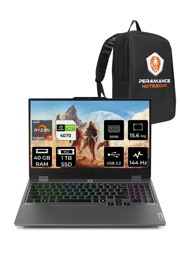 LENOVO LOQ R7 7435HS 40GB 1TB SSD RTX4070/8GB 115W 144Hz FHD 15.6" FDOS Gaming Laptop & PER4 ÇANTA