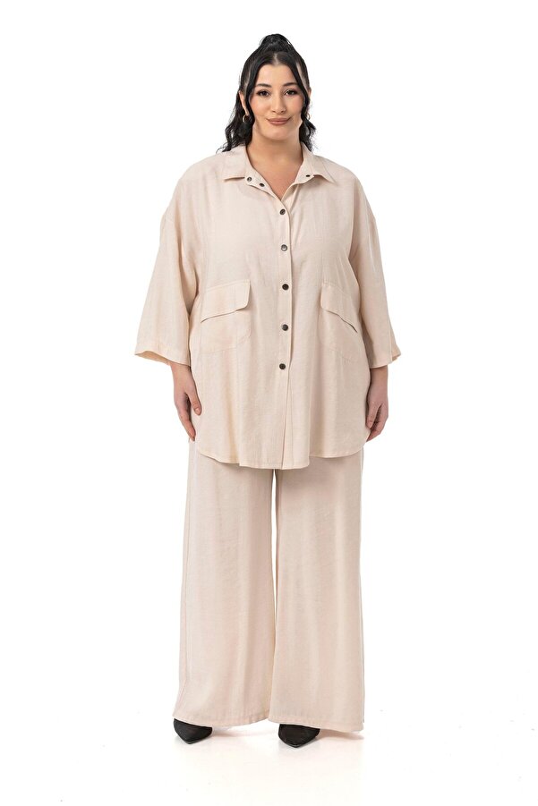 Loose-fit Shirt Trousers Two-piece Set — Beige