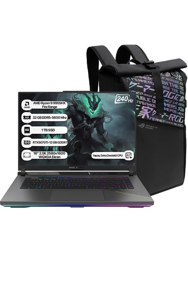 ASUS Rog Strix G16 G614FR-S5111 Ryzen 9 9955HX 32GB 1TB SSD RTX5070Ti-12GB Dos 16" 2.5K 240Hz WQXGA