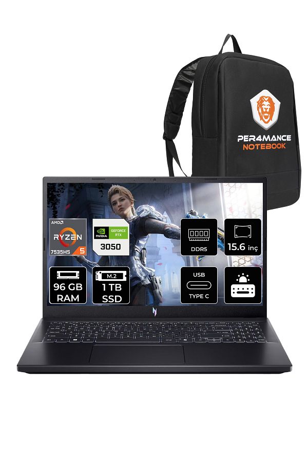 ACER Nitro V15 R5 7535HS 96GB 1TB SSD RTX3050/6GB 15.6'' 144Hz FHD FDOS Gaming Laptop & PER4 ÇANTA