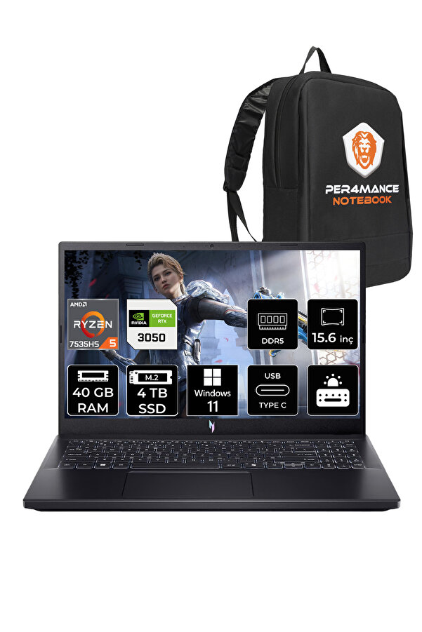 ACER Nitro V15 R5 7535HS 40GB 4TB SSD RTX3050/6GB 15.6'' 144Hz FHD W11H Gaming Laptop & PER4 ÇANTA