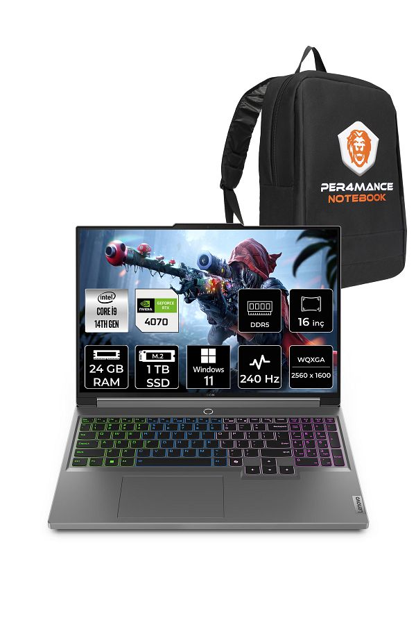 LENOVO Legion 5 i9 14900HX 24GB 1TB SSD RTX4070/8GB 140W 240Hz WQXGA 16" W11H Gaming & PER4 ÇANTA