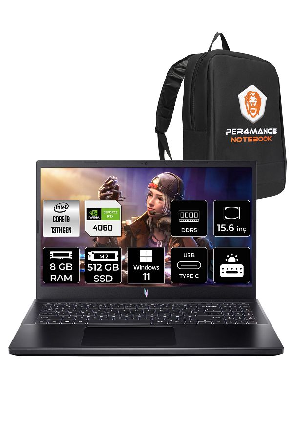 ACER Nitro V15 i9 13900H 8GB 512GB SSD RTX4060/8GB 15.6'' 165Hz FHD W11H Gaming Laptop & PER4 ÇANTA