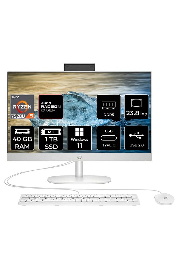 HP ProOne 245 G10  Ryzen 5 7520U 40GB DDR5 1TB SSD 23.8" FHD W11P All in One PC & PER4 Bellek