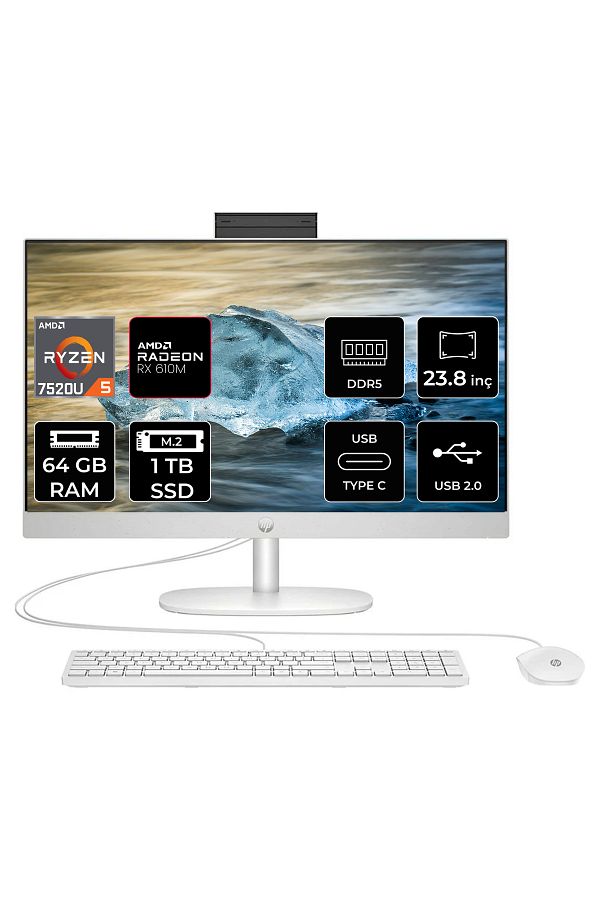 HP ProOne 245 G10  Ryzen 5 7520U 64GB DDR5 1TB SSD 23.8" FHD FDOS All in One PC & PER4 Bellek