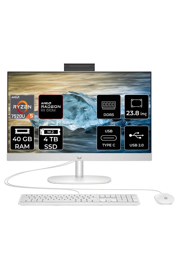 HP ProOne 245 G10  Ryzen 5 7520U 40GB DDR5 4TB SSD 23.8" FHD FDOS All in One PC & PER4 Bellek