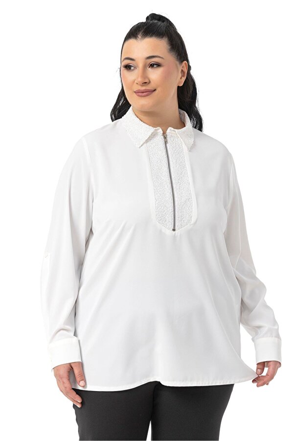 Collar & Front Pul Sequinned Zipped Fold-detail Sleeve Shirt — White