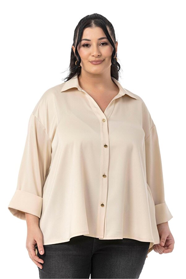Turn-up Fold-detail 3/4 Sleeve Satin Shirt — Beige