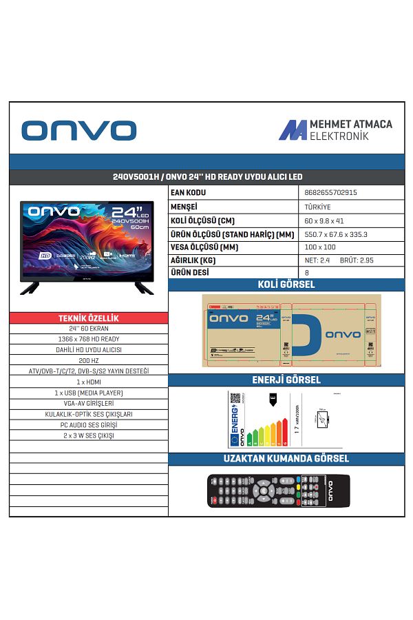 ONVO 24OV5001H 24'' 60 Ekran Dahili Uydu Alıcılı HD Ready LED TV - Görsel 2