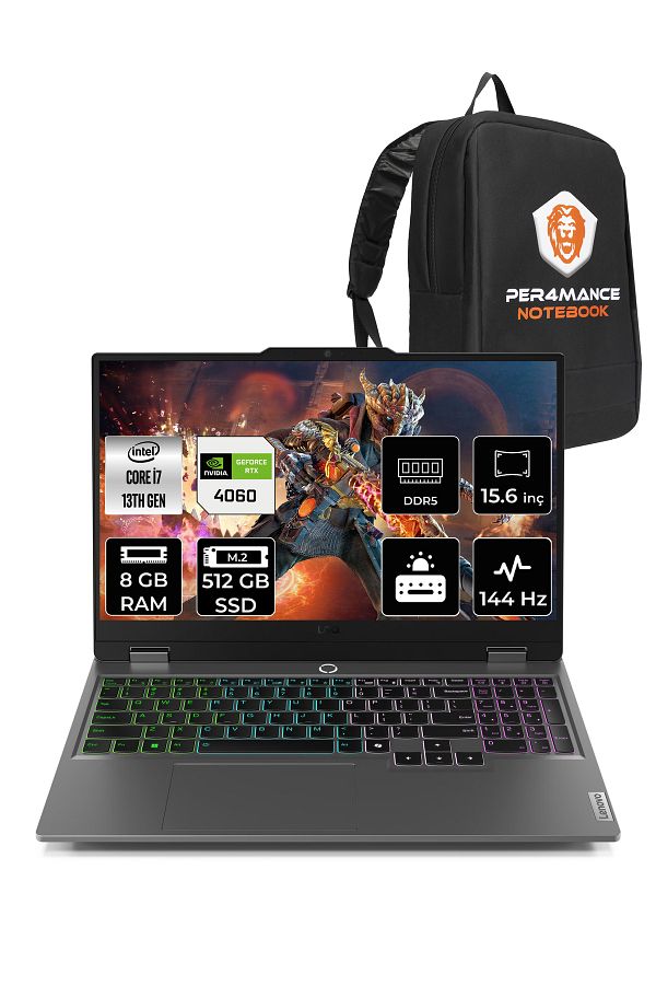 LENOVO LOQ i7 13650HX 8GB 512GB SSD RTX4060/8GB 115W 144Hz 15.6" FDOS Gaming Laptop & PER4 ÇANTA