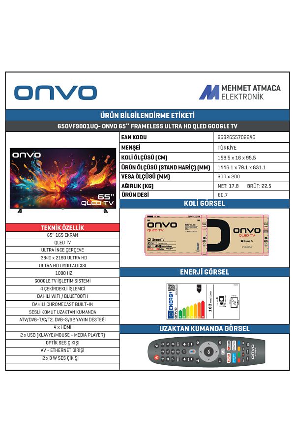 ONVO 65OVF9001UQ  65'' 165 Ekran Uydu Alıcılı 4K Ultra HD Google Smart QLED TV - Görsel 4