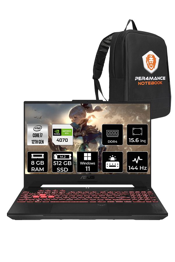 ASUS TUF Gaming F15 İ7 12700H 8GB 512GB SSD RTX4070/8GB 15.6" FHD 144HZ W11H LP031 & PER4 ÇANTA