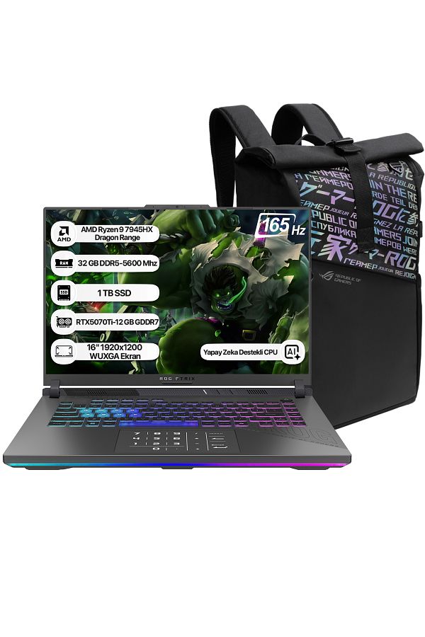 ASUS Rog Strix G16 G614PR-RV052 Ryzen 9 7945HX 32GB 1TB SSD RTX5070Ti-12GB Dos 16" 165Hz WUXGA