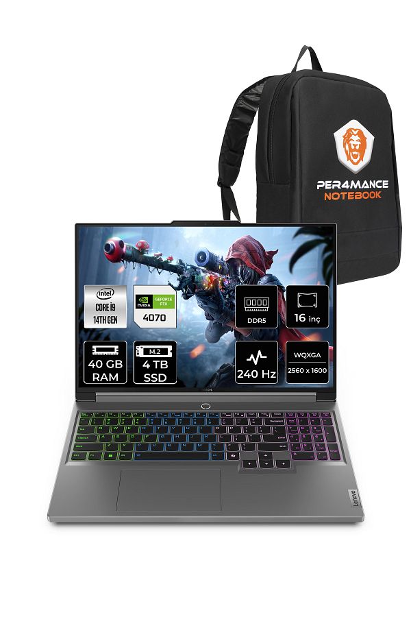 LENOVO Legion 5 i9 14900HX 40GB 4TB SSD RTX4070/8GB 140W 240Hz WQXGA 16" FDOS Gaming & PER4 ÇANTA