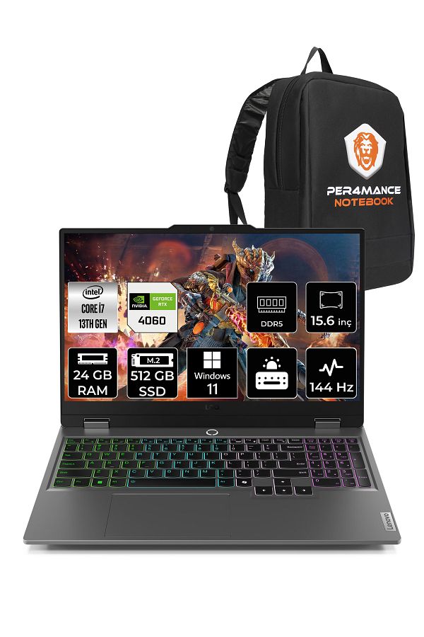 LENOVO LOQ i7 13650HX 24GB 512GB SSD RTX4060/8GB 115W 144Hz 15.6" W11P Gaming Laptop & PER4 ÇANTA