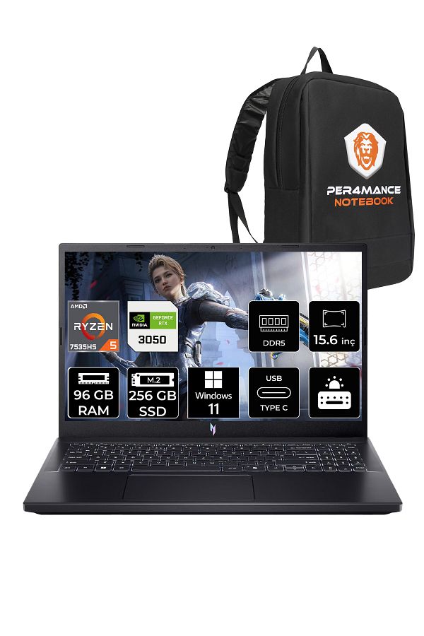 ACER Nitro V15 R5 7535HS 96GB 256GB SSD RTX3050/6GB 15.6'' 144Hz FHD W11P Gaming Laptop & PER4 ÇANTA