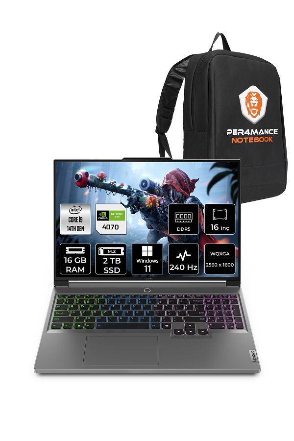 LENOVO Legion 5 i9 14900HX 16GB 2TB SSD RTX4070/8GB 140W 240Hz WQXGA 16" W11P Gaming & PER4 ÇANTA