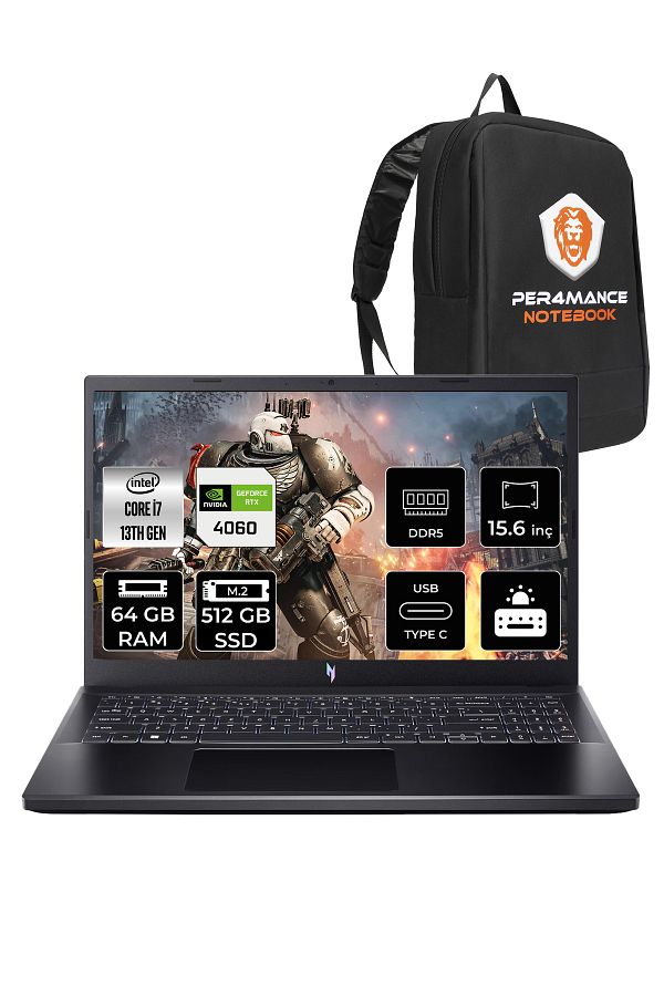 ACER Nitro V15 i7 13620H 64GB 512GB SSD RTX4060/8GB 15.6'' 165Hz FHD FDOS Gaming Laptop & PER4 ÇANTA