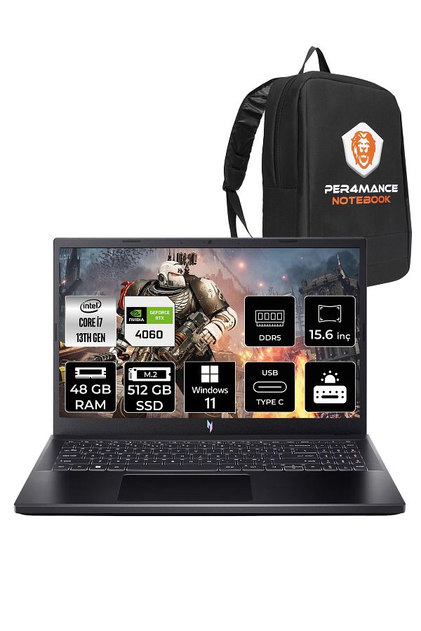 ACER Nitro V15 i7 13620H 48GB 512GB SSD RTX4060/8GB 15.6'' 165Hz FHD W11P Gaming Laptop & PER4 ÇANTA