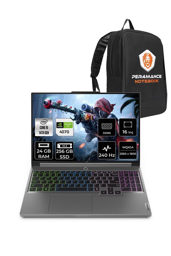 LENOVO Legion 5 i9 14900HX 24GB 256GB SSD RTX4070/8GB 140W 240Hz WQXGA 16" FDOS Gaming & PER4 ÇANTA