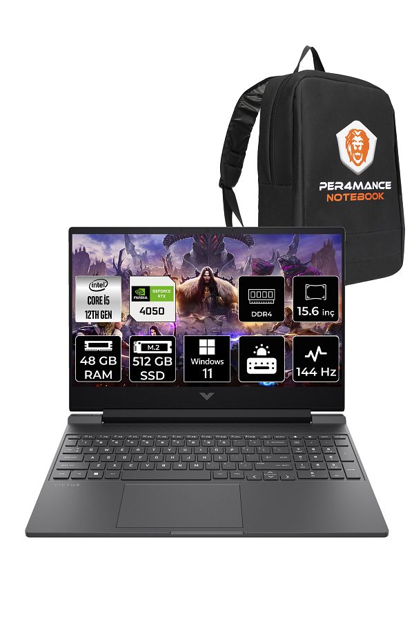 HP Victus 15 i5 12450H 48GB RAM 512GB SSD RTX4050/6GB 144Hz 15.6'' FHD W11P Gaming & PER4 ÇANTA