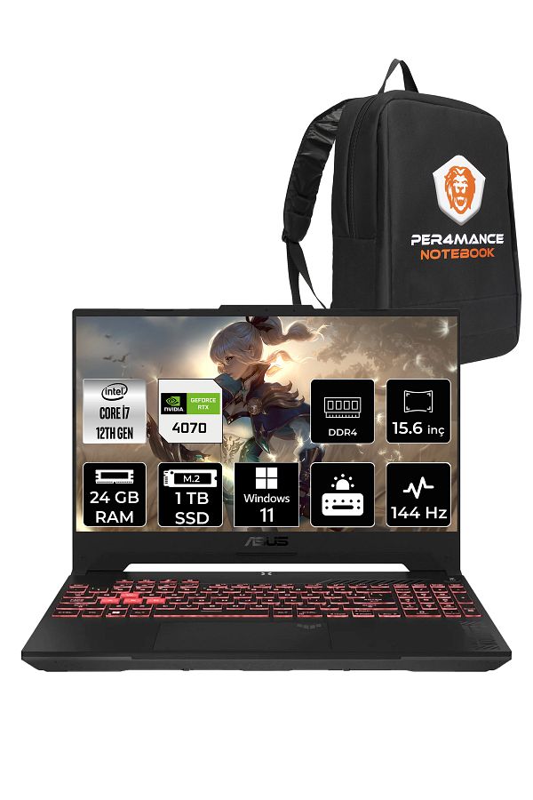 ASUS TUF Gaming F15 İ7 12700H 24GB 1TB SSD RTX4070/8GB 15.6" FHD 144HZ W11H LP050 & PER4 ÇANTA