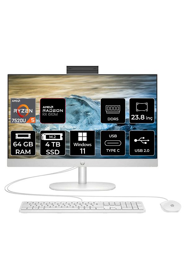 HP ProOne 245 G10  Ryzen 5 7520U 64GB DDR5 4TB SSD 23.8" FHD W11P All in One PC & PER4 Bellek