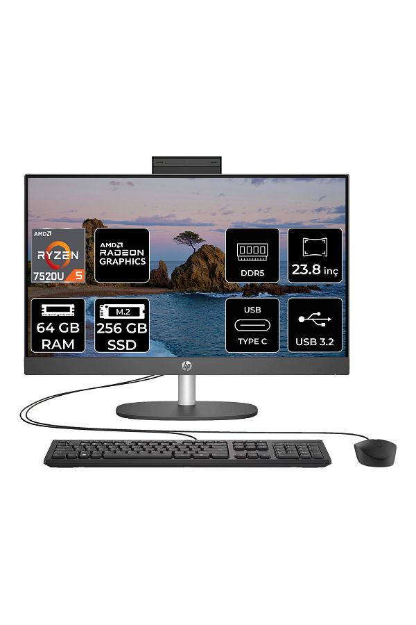 HP ProOne 245 G10  Ryzen 5 7520U 64GB DDR5 256GB SSD 23.8" FHD FDOS All in One PC & PER4 Bellek