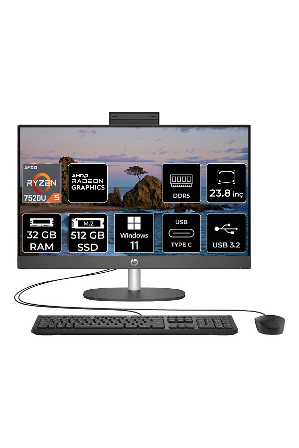 HP ProOne 245 G10  Ryzen 5 7520U 32GB DDR5 512GB SSD 23.8" FHD W11H All in One PC & PER4 Bellek