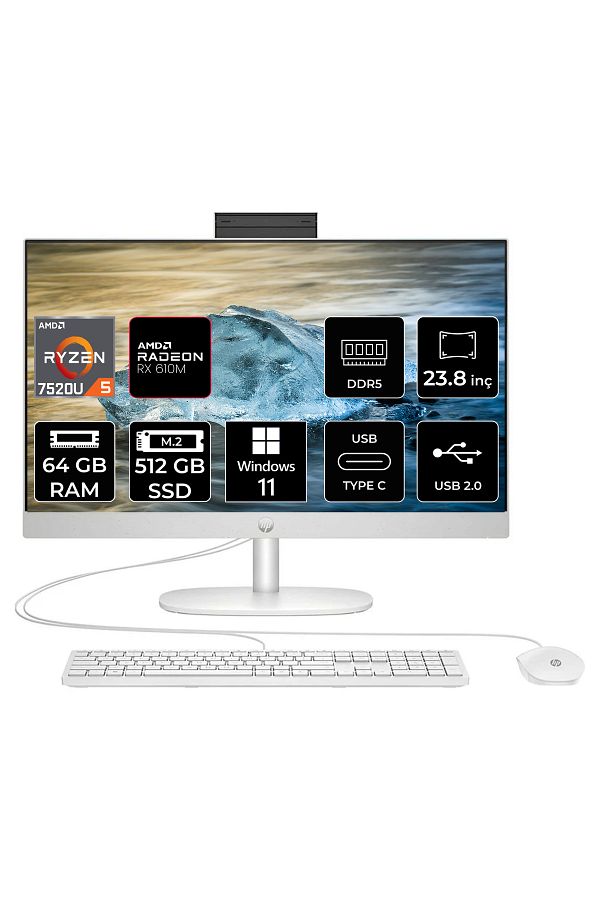 HP ProOne 245 G10  Ryzen 5 7520U 64GB DDR5 512GB SSD 23.8" FHD W11P All in One PC & PER4 Bellek