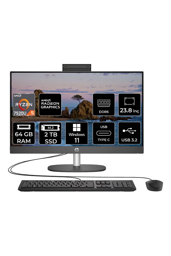 HP ProOne 245 G10  Ryzen 5 7520U 64GB DDR5 2TB SSD 23.8" FHD W11H All in One PC & PER4 Bellek