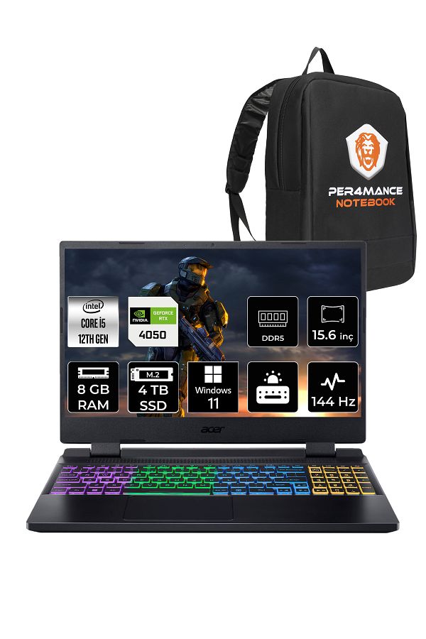 ACER Nitro 5 i5 12500H 8GB 4TB SSD RTX4050/6GB 140W 15.6" FHD 144Hz W11H Gaming & PER4 Çanta