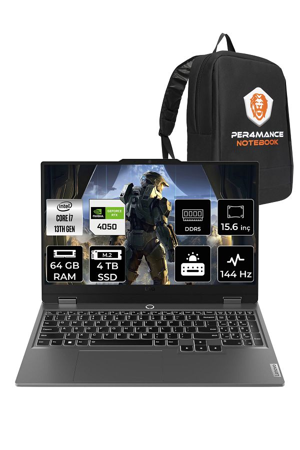 LENOVO LOQ i7 13650HX 64GB 4TB SSD RTX4050/6GB 105W 15.6" FHD 144Hz FDOS Gaming Laptop & PER4 Çanta