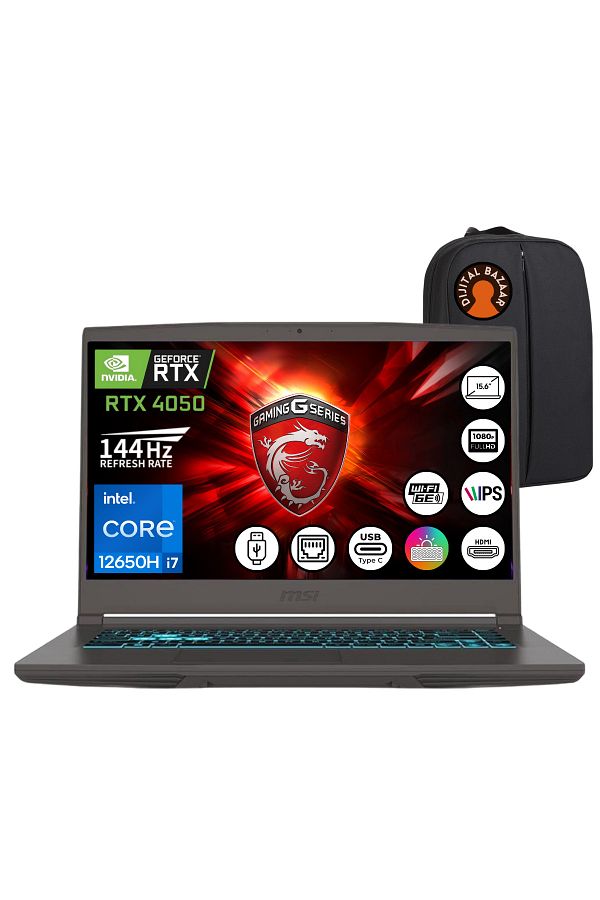 MSI THIN B12VE-1892XTR Core i7 12650H RTX4050 6GB 32GB 512Ssd 15.6FHD 144Hz FDos Notebook+DJT Çanta