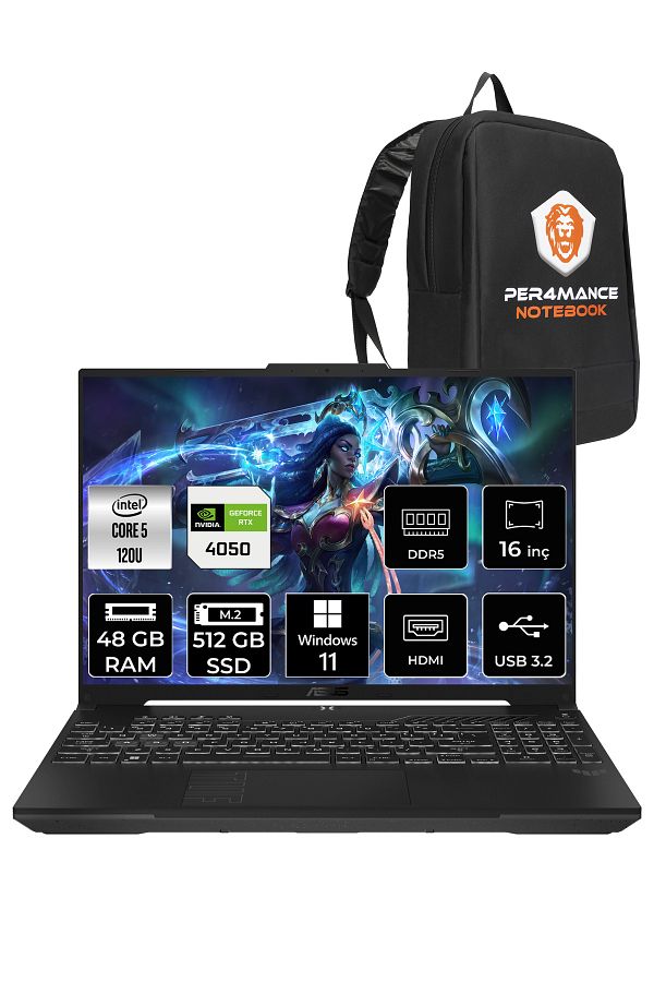 ASUS TUF Gaming F16 Core 5 210H 48GB 512GB SSD RTX4050/6GB 140W WUXGA 16" W11H LP029 & PER4 ÇANTA