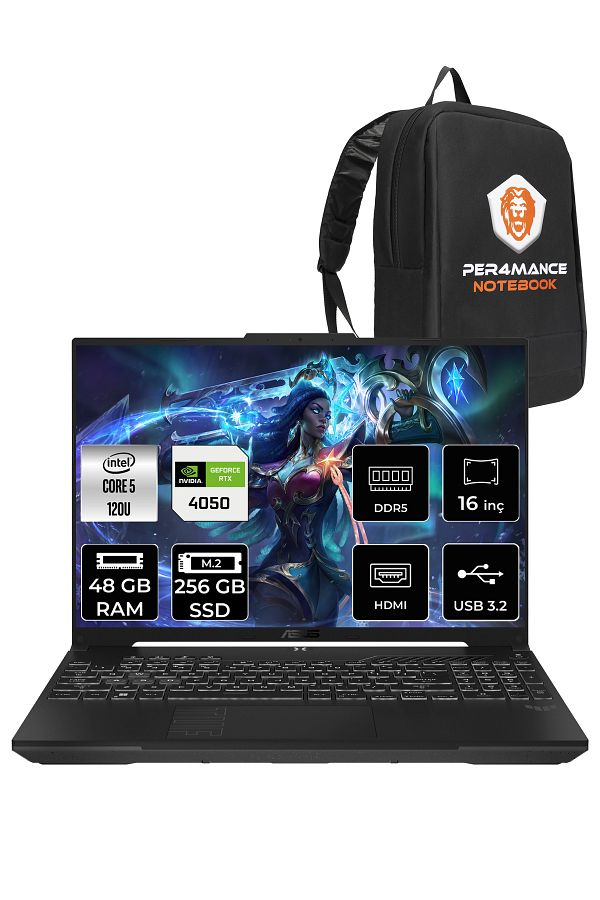 ASUS TUF Gaming F16 Core 5 210H 48GB 256GB SSD RTX4050/6GB 140W WUXGA 16" FDOS LP029 & PER4 ÇANTA