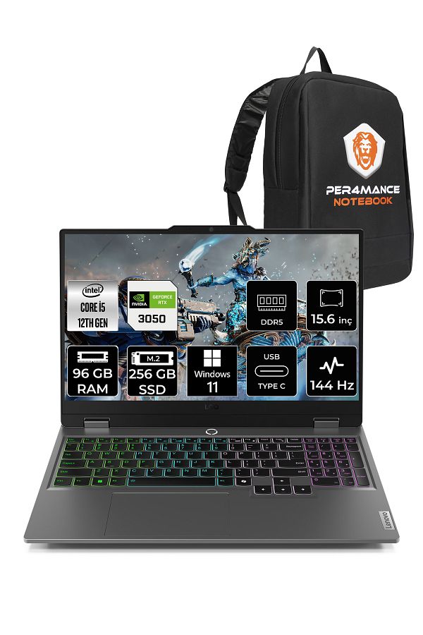 LENOVO LOQ i5 12600HX 96GB 256GB SSD RTX3050/6GB 15.6" FHD 144Hz W11H Gaming Laptop & PER4 Çanta