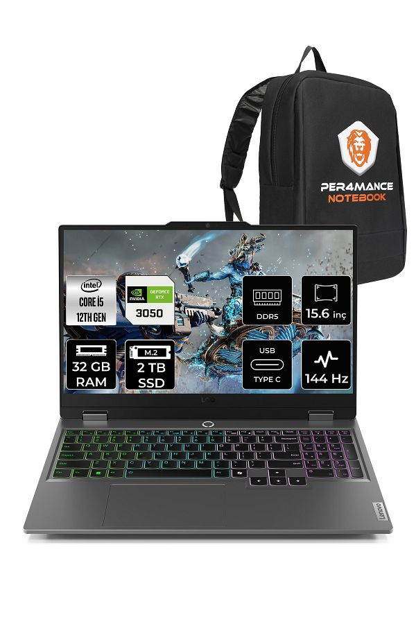 LENOVO LOQ i5 12600HX 32GB 2TB SSD RTX3050/6GB 15.6" FHD 144Hz FDOS Gaming Laptop & PER4 Çanta