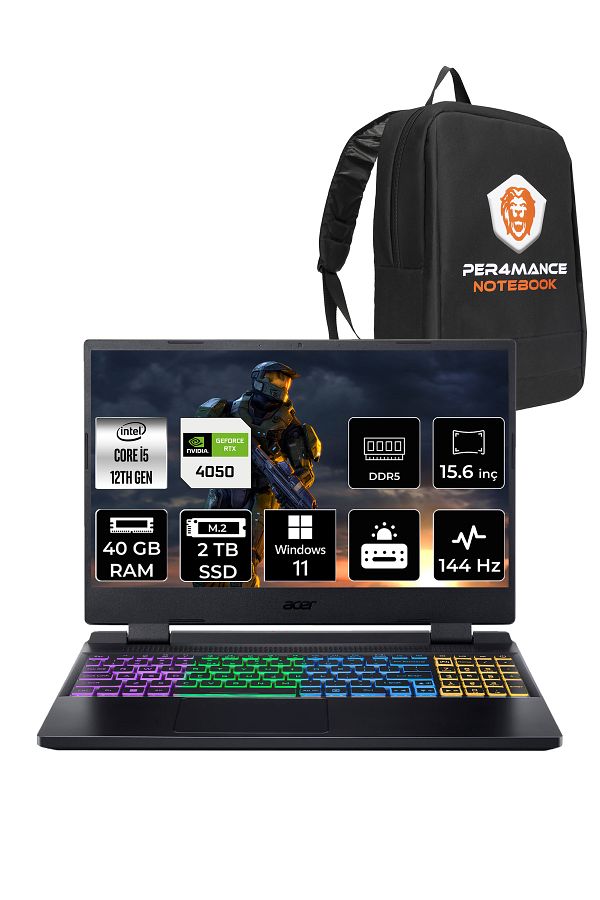 ACER Nitro 5 i5 12500H 40GB 2TB SSD RTX4050/6GB 140W 15.6" FHD 144Hz W11P Gaming & PER4 Çanta