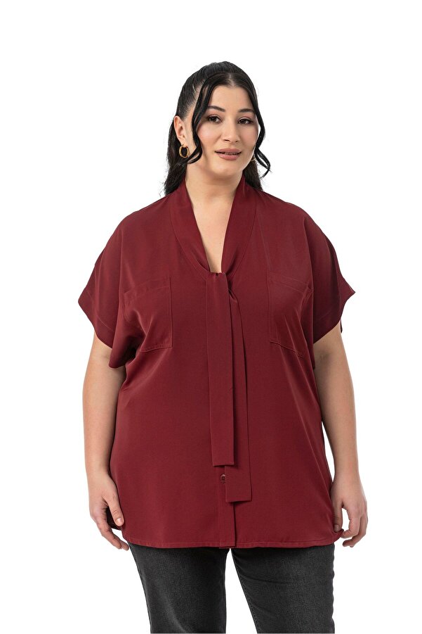 At-collar Tie-detail Drop Half Sleeve Blouse — Burgundy