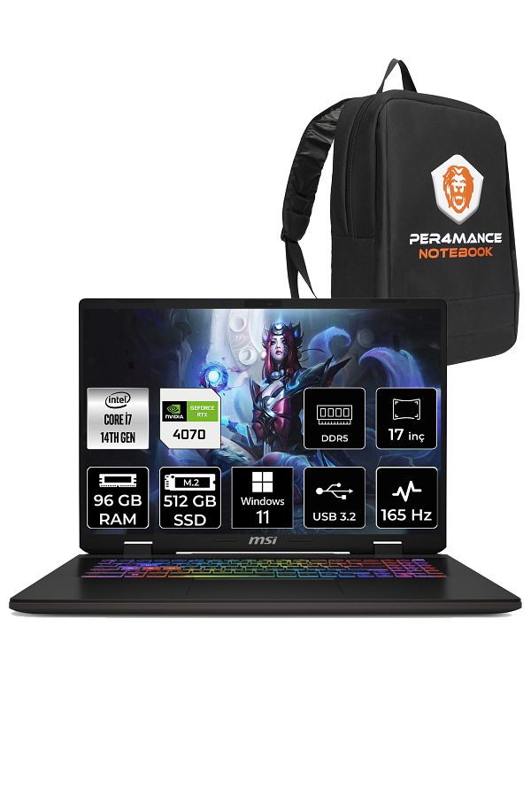 MSI SWORD 17 HX B14VGKG i7-14700HX 96GB 512GB SSD RTX4070/8GB 105W 17" FHD+ 165HZ W11P & PER4 ÇANTA