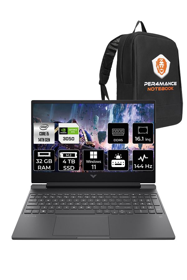 HP Victus 16 i5 14450HX 32GB 4TB SSD RTX3050/6GB 16.1" FHD 144Hz W11P Gaming Laptop & PER4 Çanta