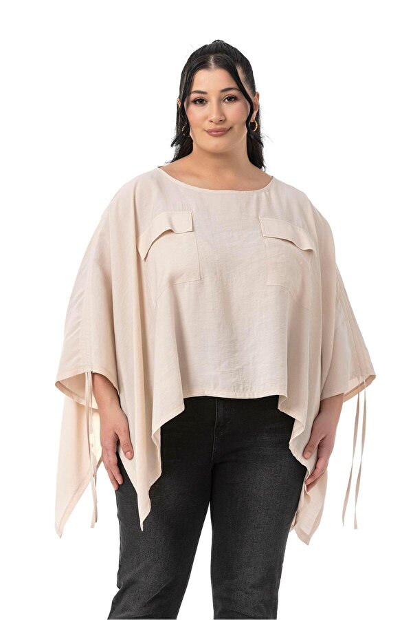 Sleeve Drawstring & Shirred with Pockets Poncho Blouse — Beige