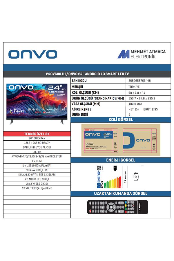 ONVO 24ov6001h 24" 60 Ekran Uydu Alıcılı Hd Ready Smart Led Tv ( 12 Volt ) - Görsel 2