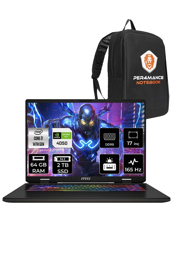 MSI SWORD 17 HX B14VEKG i7-14700HX 64GB 2TB SSD RTX4050/6GB 105W 17" FHD+ 165HZ FDOS & PER4 ÇANTA