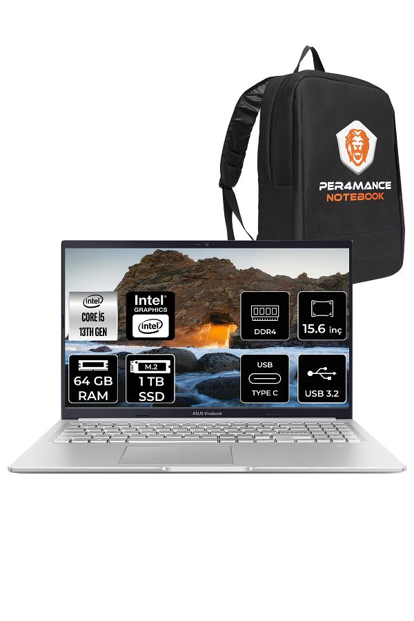 ASUS VivoBook 15 X1502VA i5 13420H 64GB 1TB SSD 15.6" FHD FDOS Taşınabilir Bilgisayar & PER4 Çanta