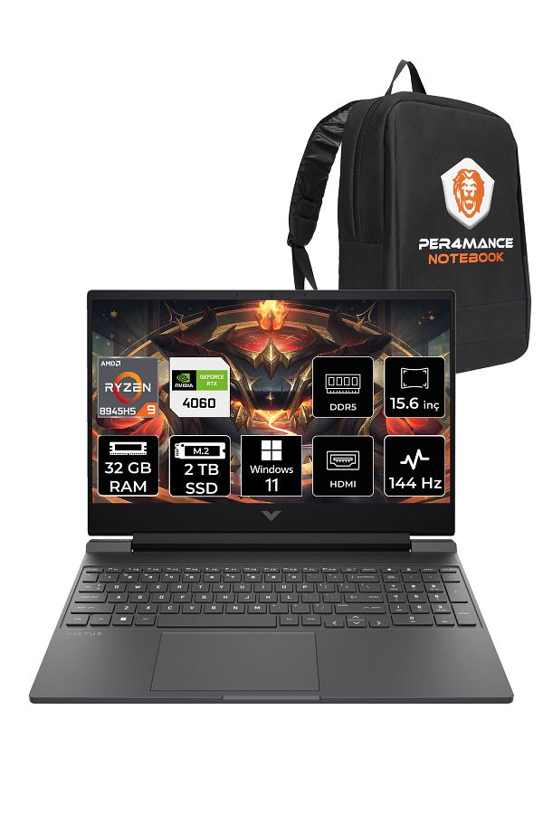 HP Victus 15 R9 8945HS 32GB RAM 2TB SSD RTX4060/8GB 144Hz 15.6'' FHD W11H Gaming Laptop & PER4 ÇAN