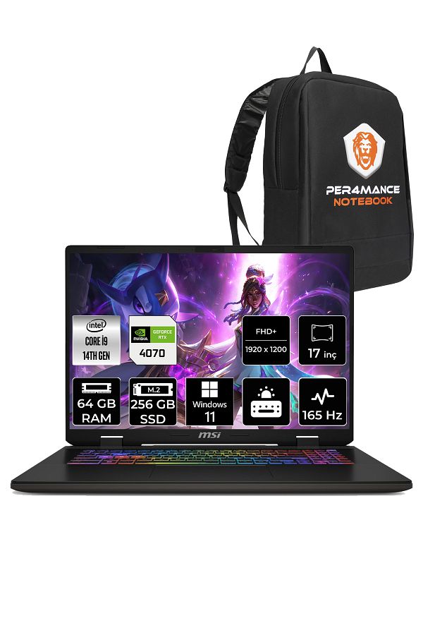 MSI SWORD 17 HX B14VGKG i9-14900HX 64GB 256GB SSD RTX4070/8GB 105W 17" FHD+ 165HZ W11P & PER4 ÇANTA