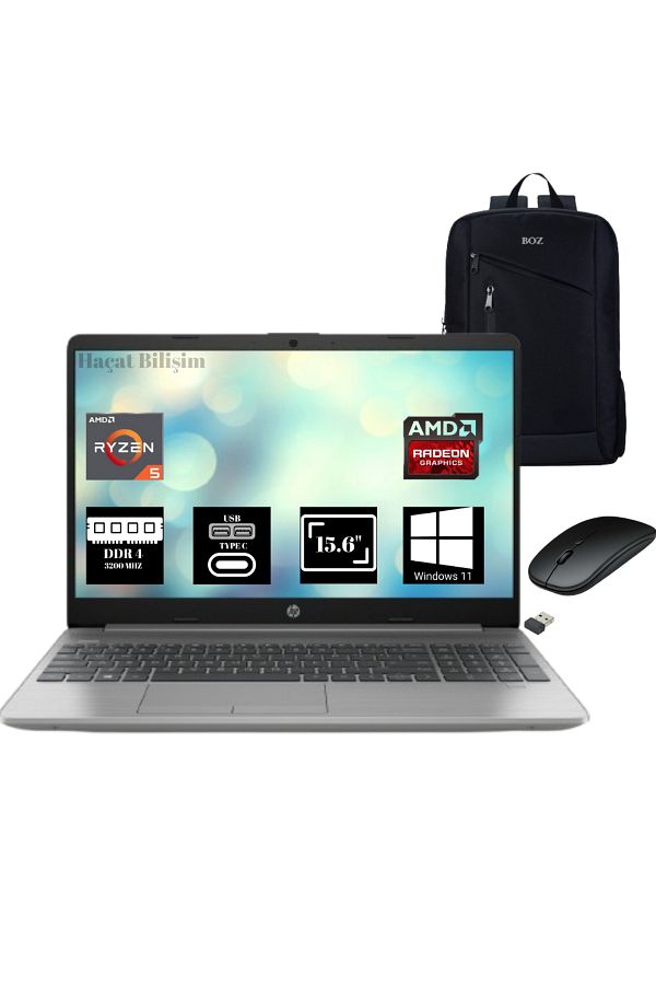 HP 255 G9 AMD Ryzen 5 5625U 24GB 512GB SSD 15.6" FHD W11 Taşınabilir Bilgisayar + Boz Çanta , Mouse